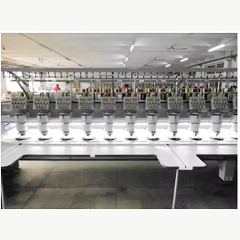 Row of embroidery machine heads in a production workshop