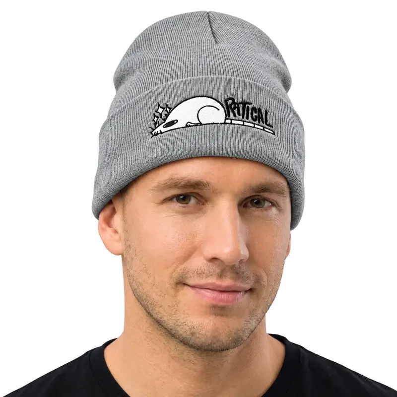 Gray ribbed cuffed beanie with an embroidered front label, worn straight on