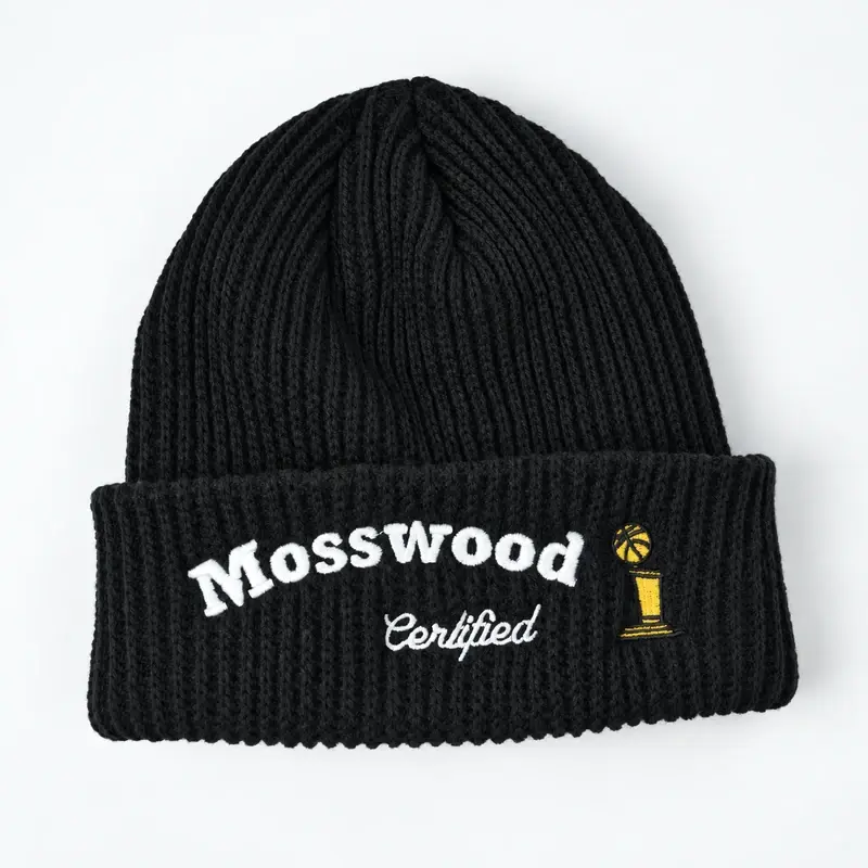 Black ribbed cuffed beanie with white and yellow embroidered front branding