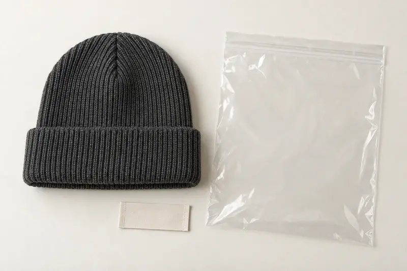 Charcoal ribbed cuffed beanie beside a blank woven label and clear individual bag