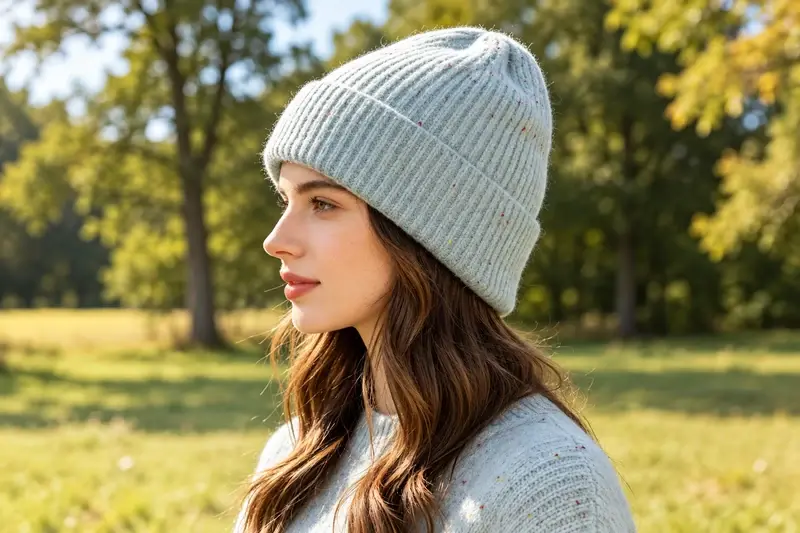 Woman in profile wearing a pale blue ribbed cuffed beanie, showing its fit and cuff proportions