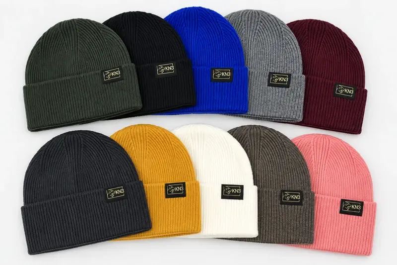 Ribbed cuffed beanie samples arranged in multiple colors for color selection