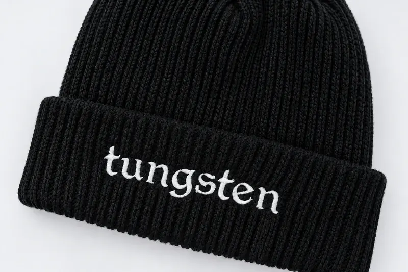 Black ribbed cuffed beanie with white embroidered lettering on the folded cuff