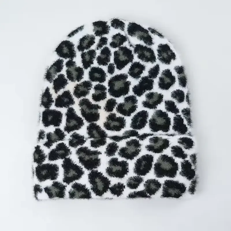 Black and white fuzzy leopard-pattern cuffed beanie