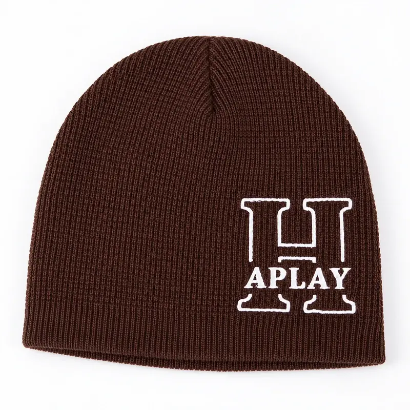 Single brown rib-knit cuffless beanie with its white APLAY logo