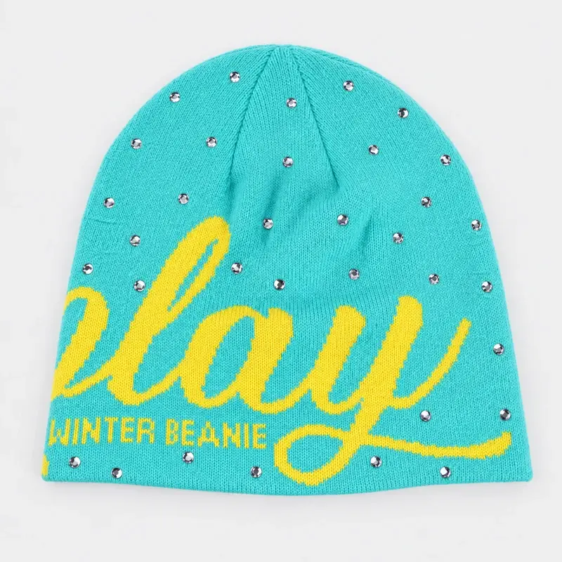 Single turquoise cuffless beanie with yellow script logo, shown from the front