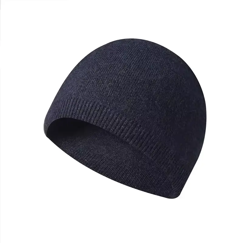 Navy rib-knit cuffless beanie showing its crown and lower edge