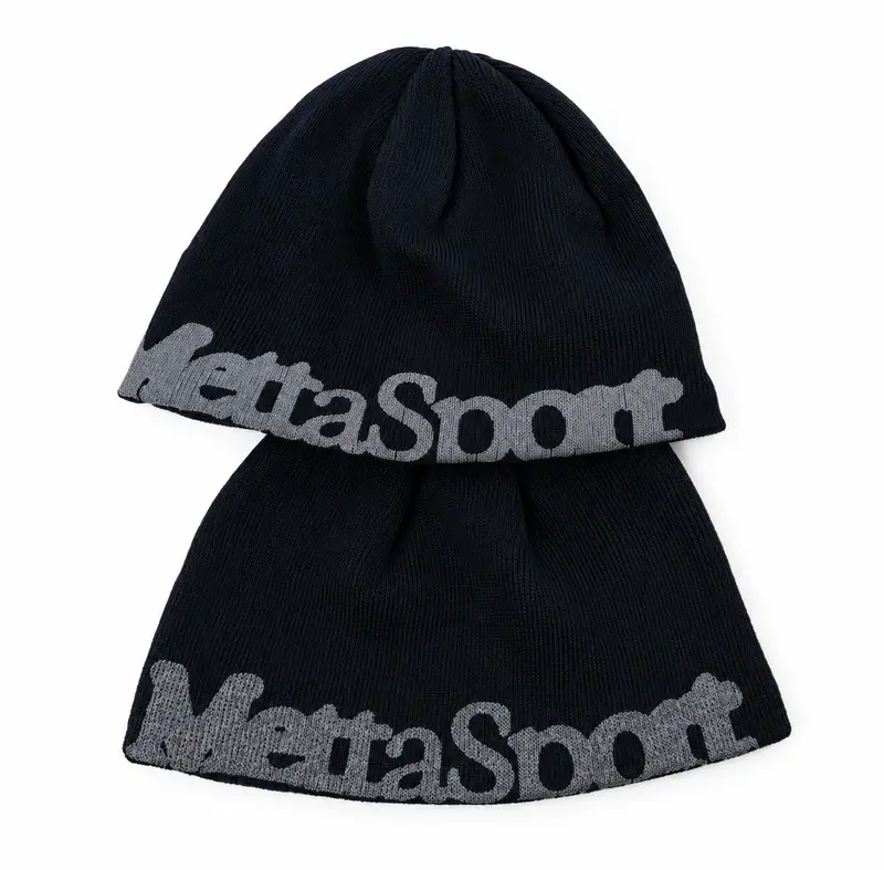 Two dark rib-knit cuffless beanies showing their full shapes and clean lower edges