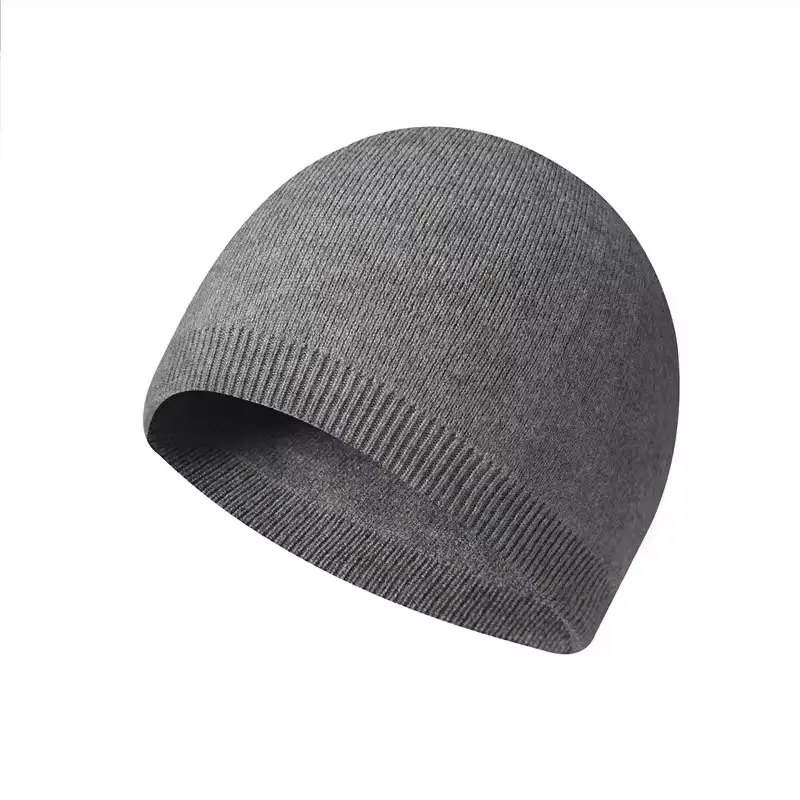 Gray knit beanie showing its rib structure and clean opening