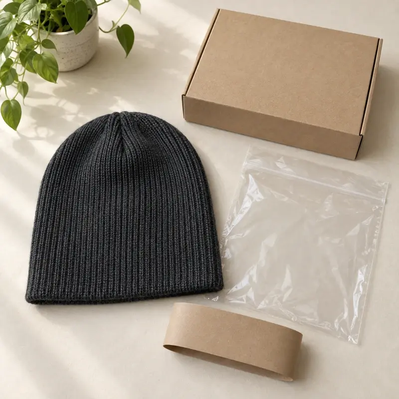 Charcoal cuffless beanie beside a clear bag, kraft box and paper band