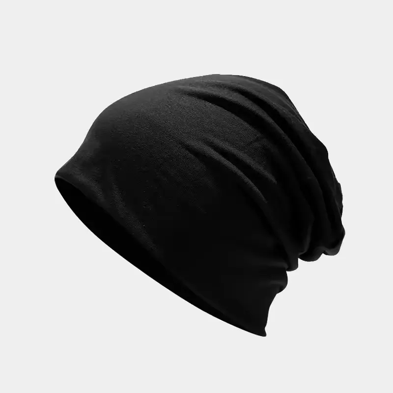 Black lightweight cuffless beanie with a relaxed rear drape