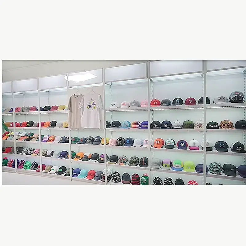Shelves of finished hat samples in a production showroom