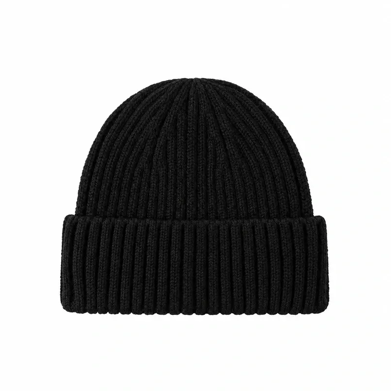 Black ribbed fisherman beanie with short crown and folded cuff, front view