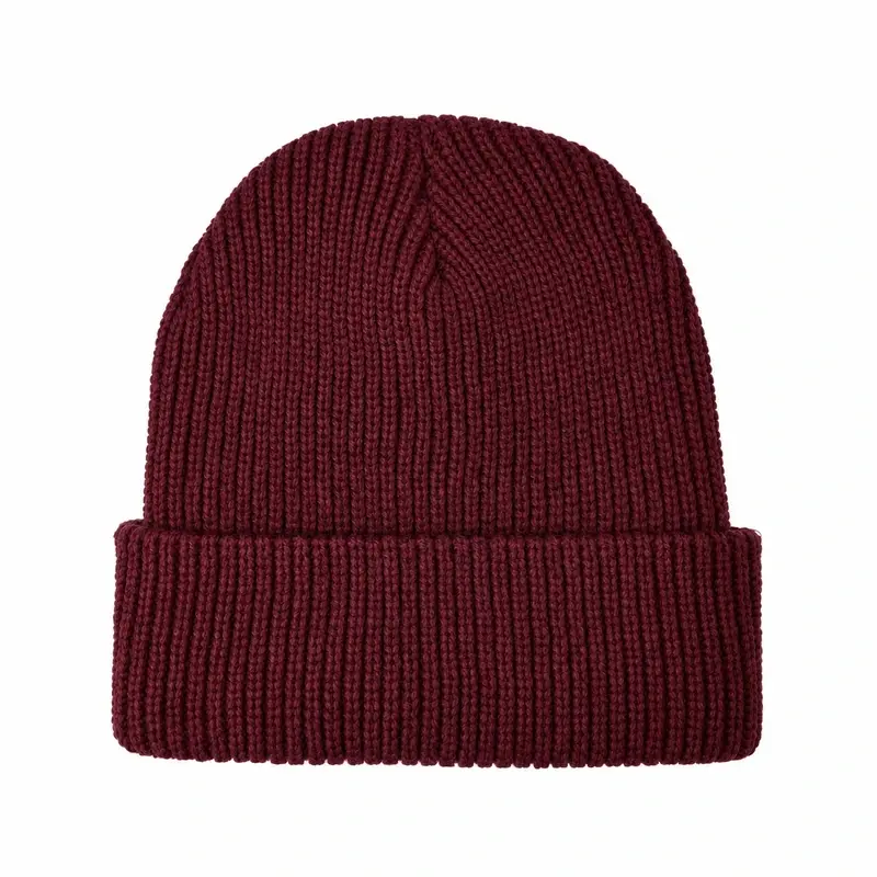 Burgundy ribbed fisherman beanie with short crown and folded cuff, front view