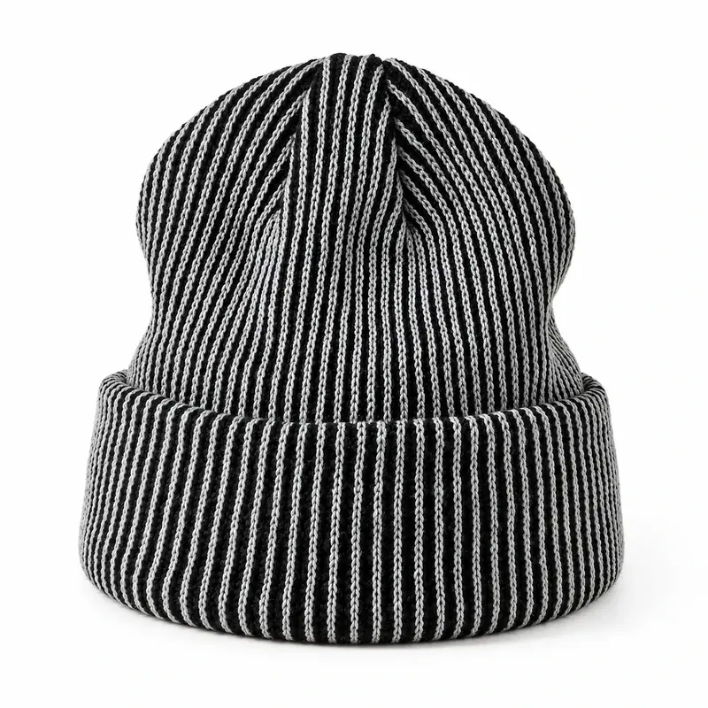 Black and gray striped ribbed fisherman beanie with short crown and folded cuff, front view