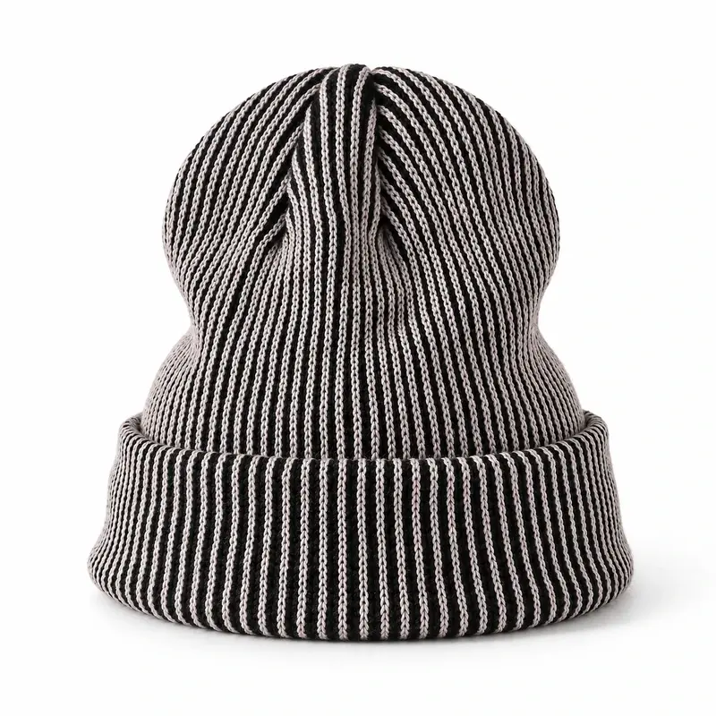 Black and pale gray striped ribbed fisherman beanie with folded cuff, rear view