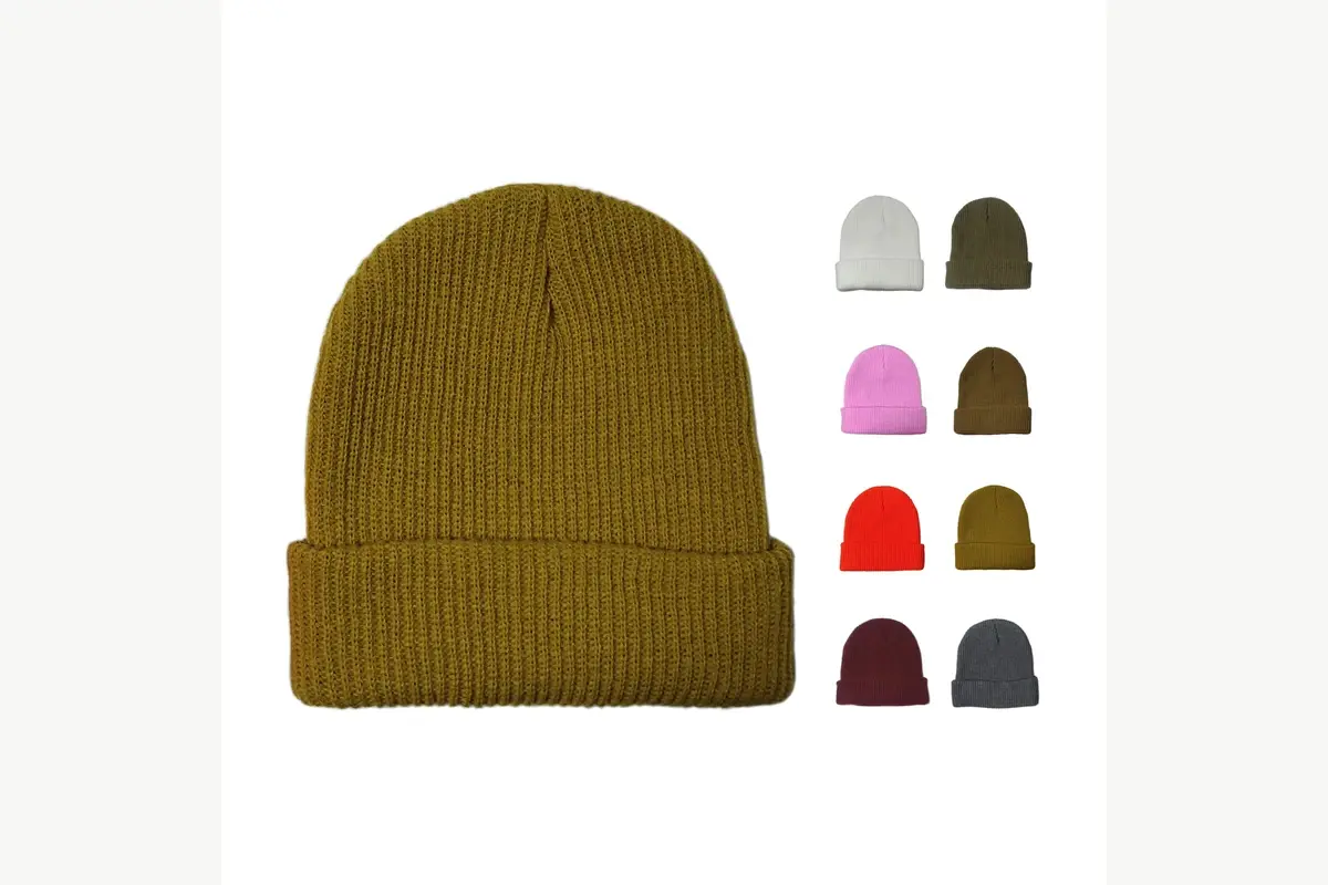 Ochre ribbed beanie with small samples showing available knit colors