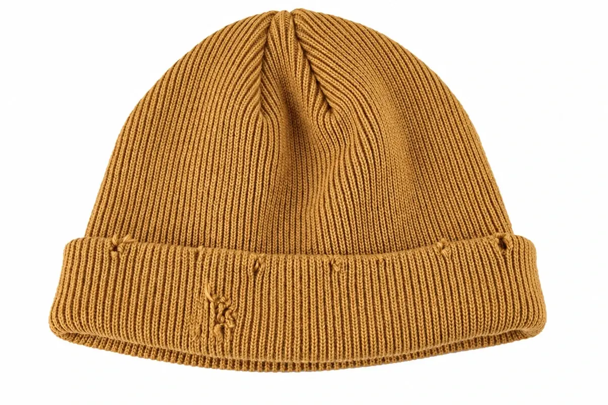 Ochre short ribbed beanie with folded cuff, front view