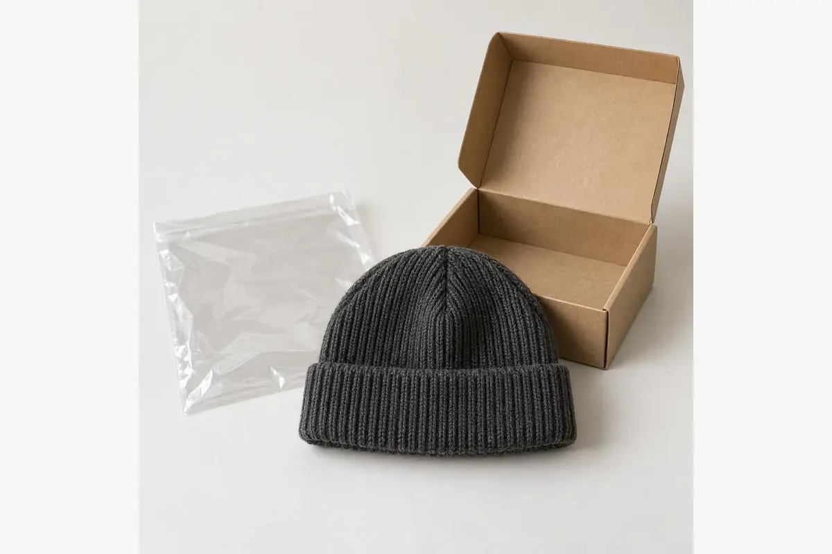 Illustration of a short ribbed beanie beside a clear bag and kraft box