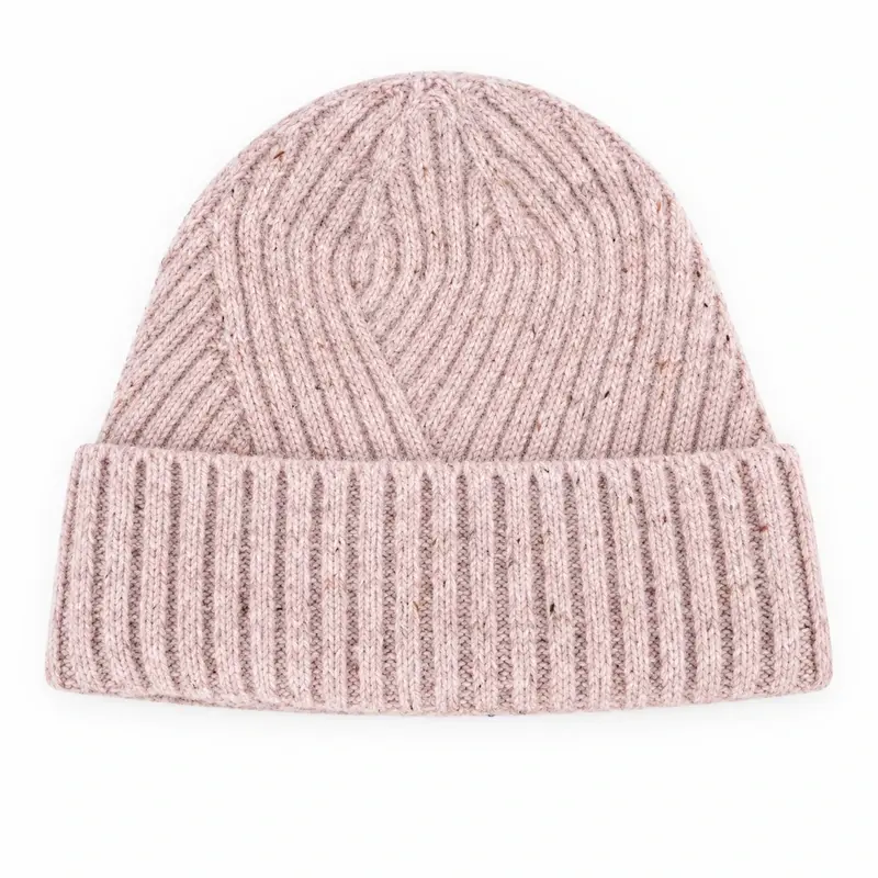 Light pink ribbed cuffed beanie, front view