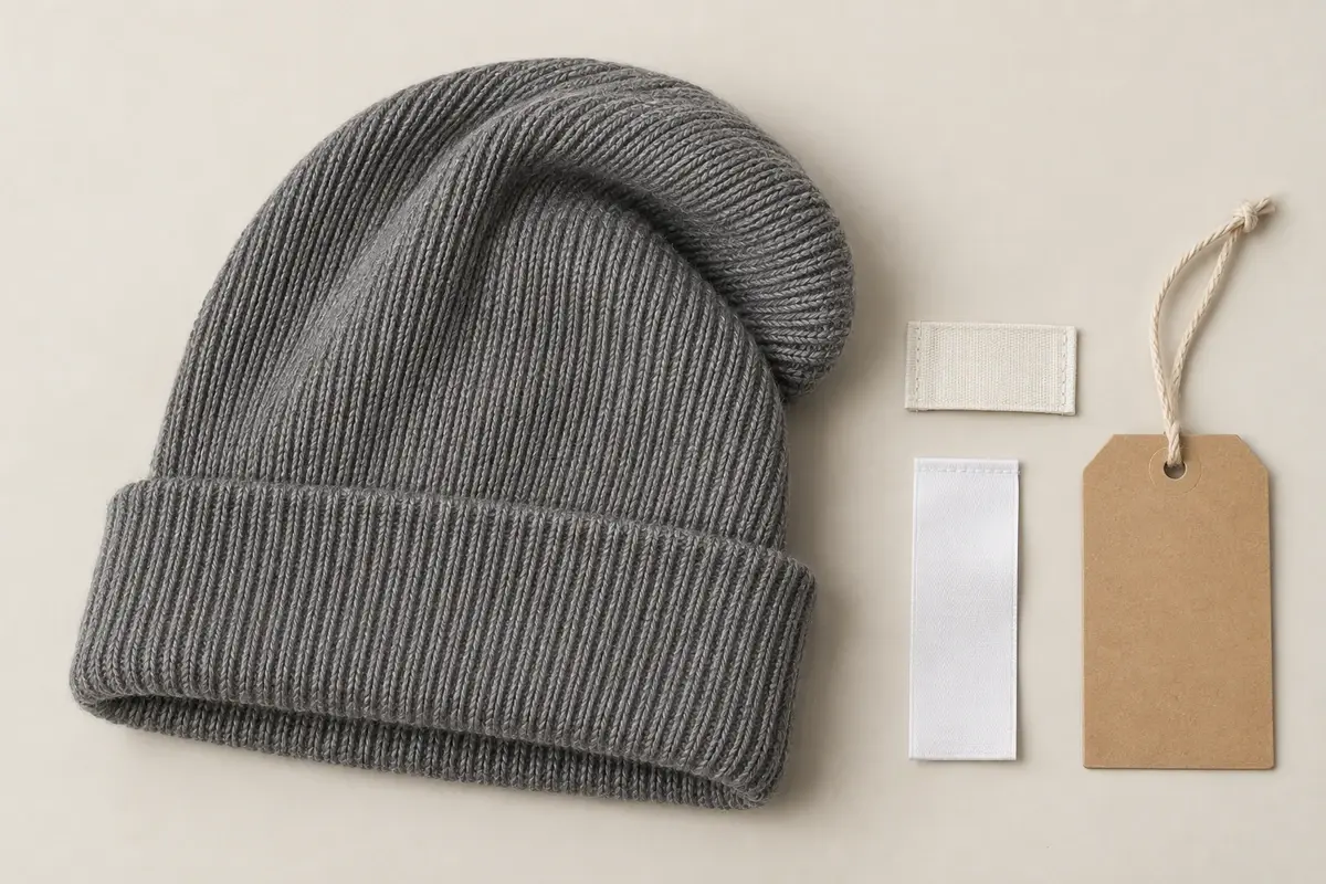 Illustration of a gray ribbed beanie beside blank woven and care labels and a kraft hang tag