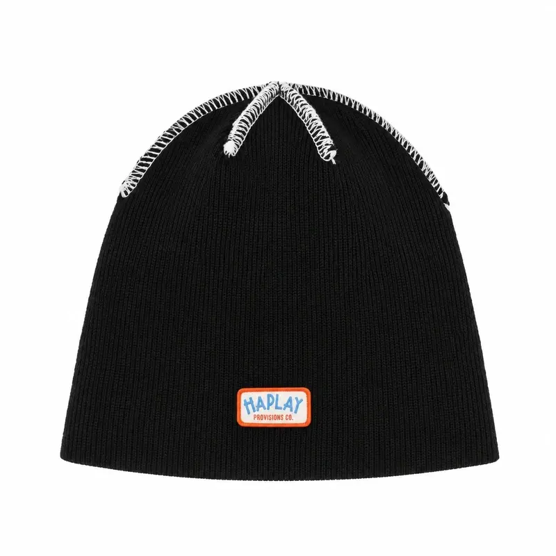Black ribbed cuffless beanie with woven patch, front view