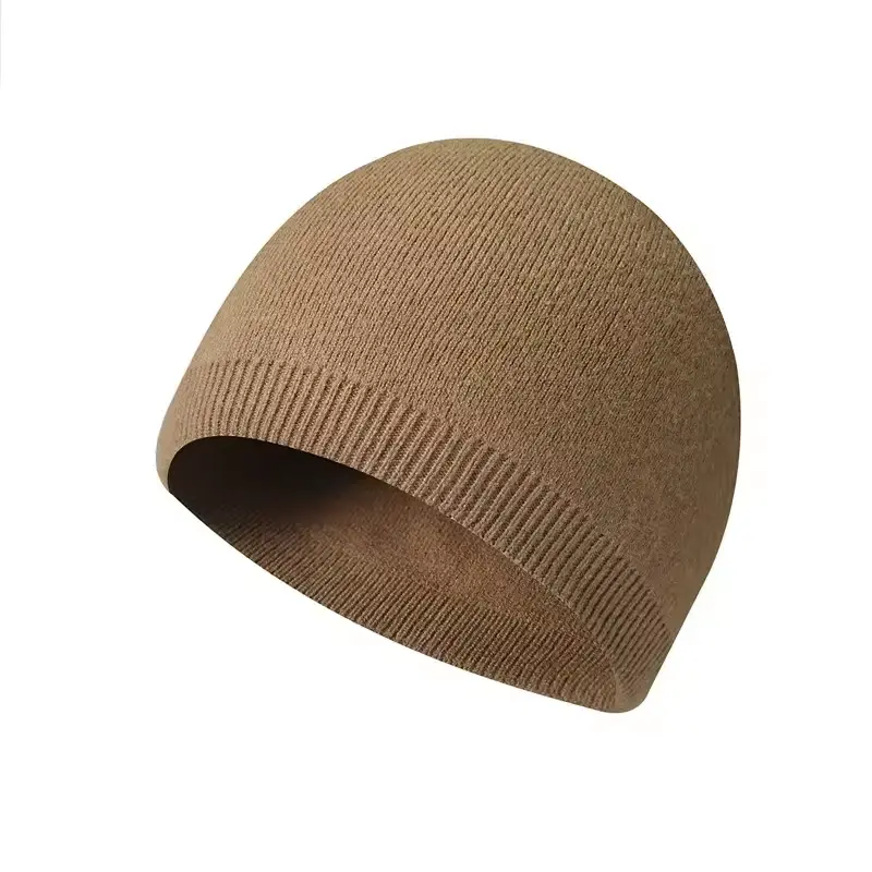 Plain brown cuffless knit skull cap, front view