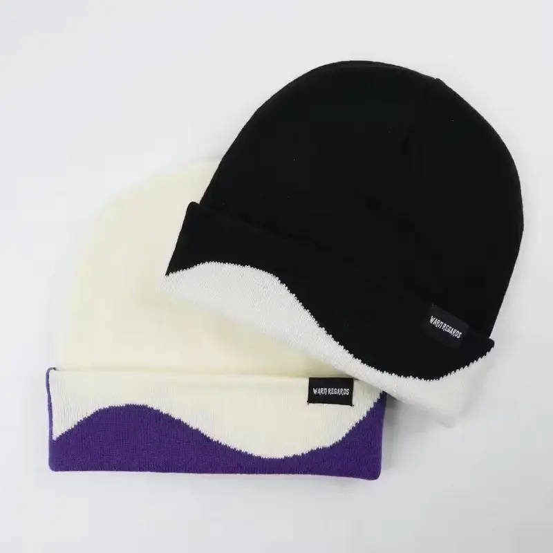 Black, cream and purple low-profile cuffless beanies
