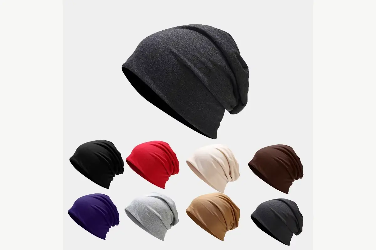Assorted cuffless knit caps showing different crown and opening shapes