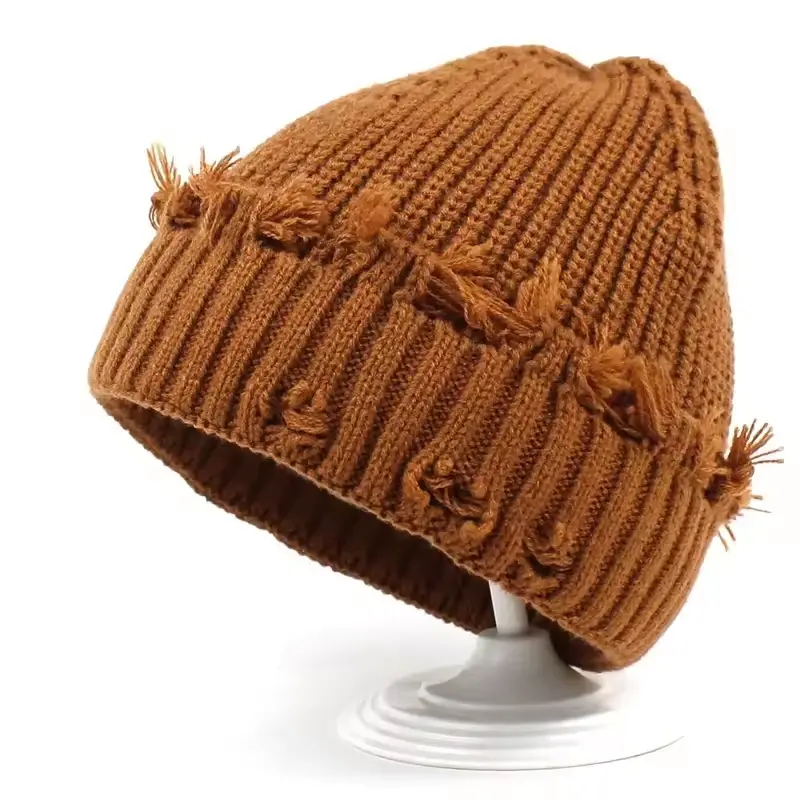 Brown chunky-knit cuffed beanie with a thick textured body