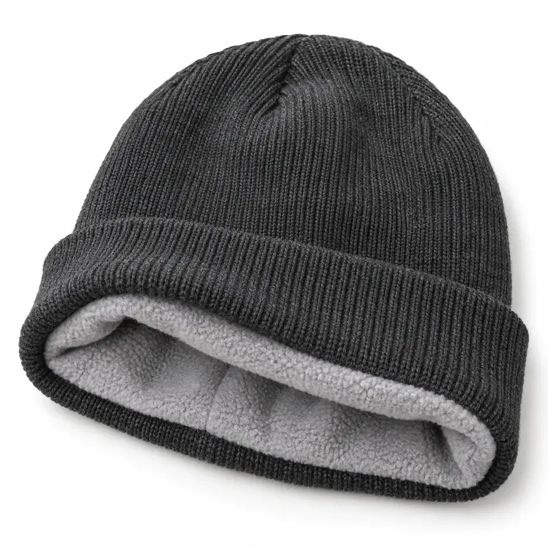 Illustration of a charcoal cuffed knit beanie showing light gray fleece lining
