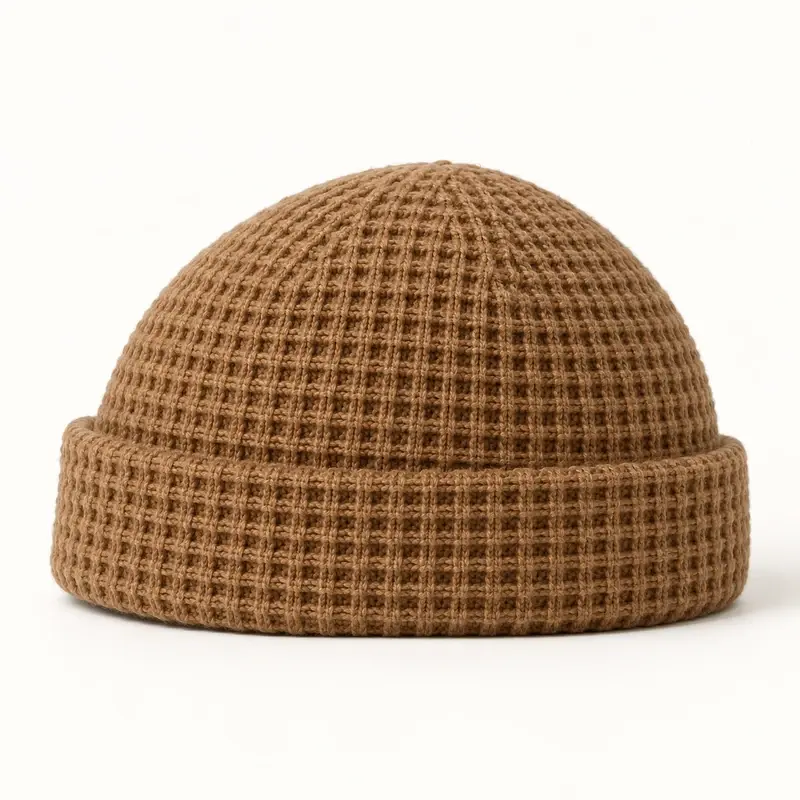 Camel brown short waffle-knit fisherman beanie, front view