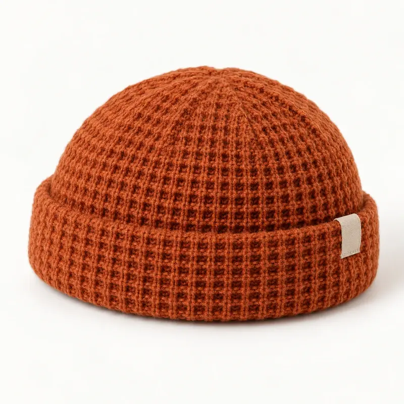 Burnt orange short textured beanie with a blank cuff label