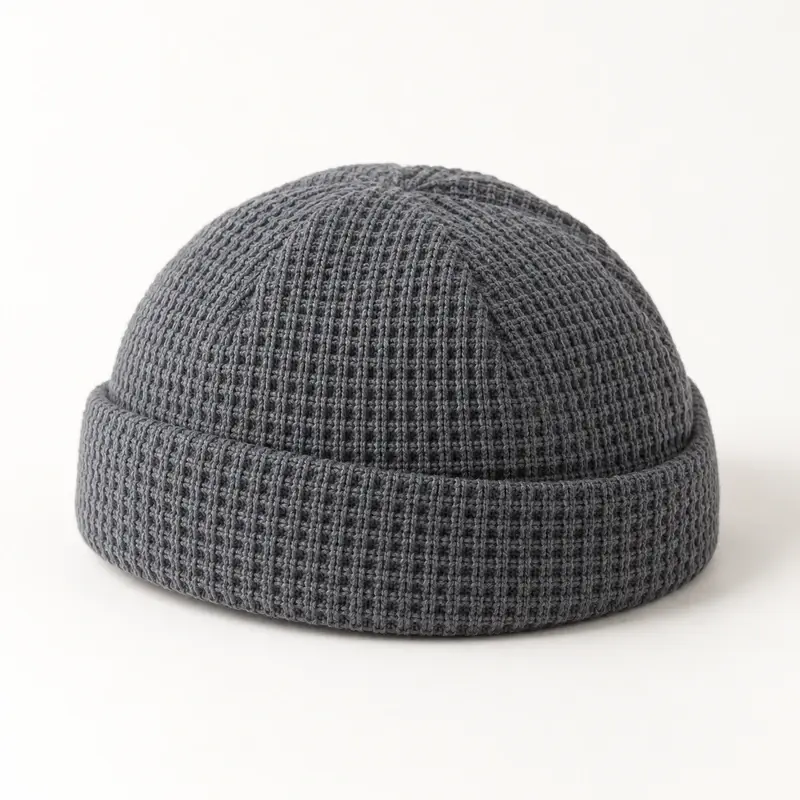 Slate gray waffle-knit fisherman beanie with compact cuff