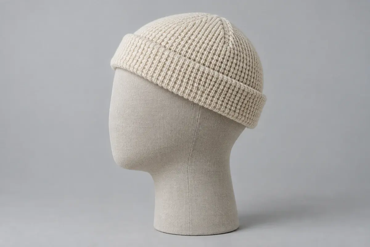 Cream short waffle-knit beanie on a display head in side profile