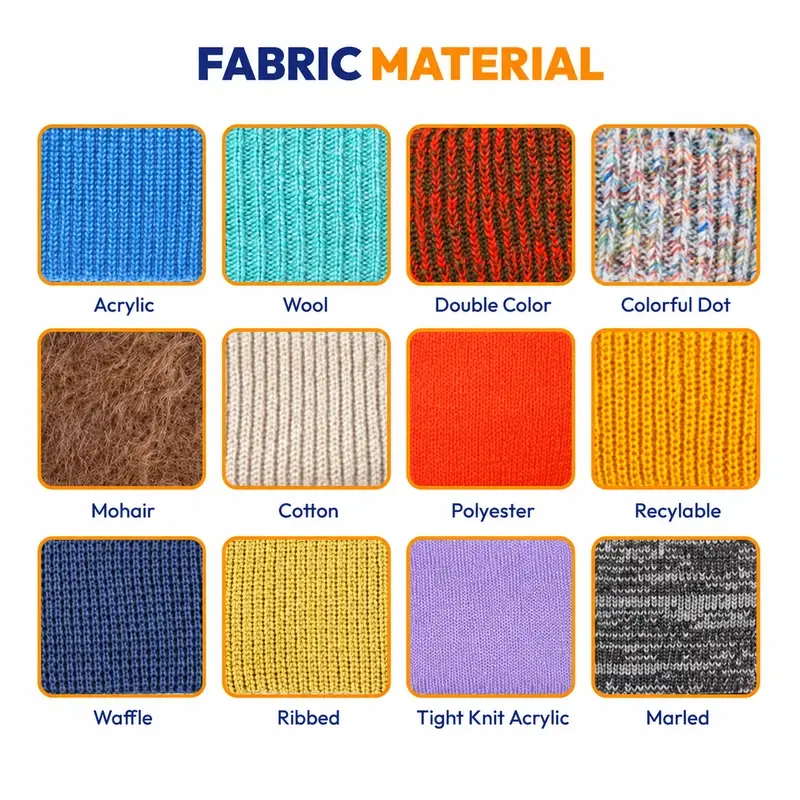 Supplier knit texture chart comparing waffle, ribbed, wool and other fabric surfaces