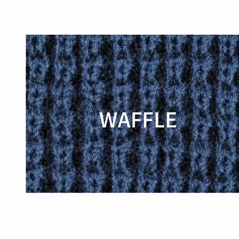 Close view of a dark blue knit swatch labeled Waffle