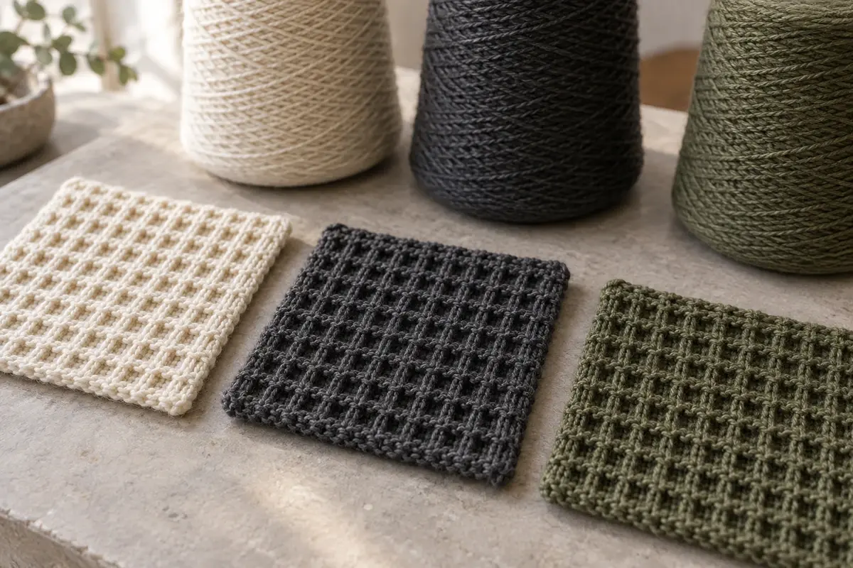 Cream, charcoal and olive knit swatches beside matching yarn cones