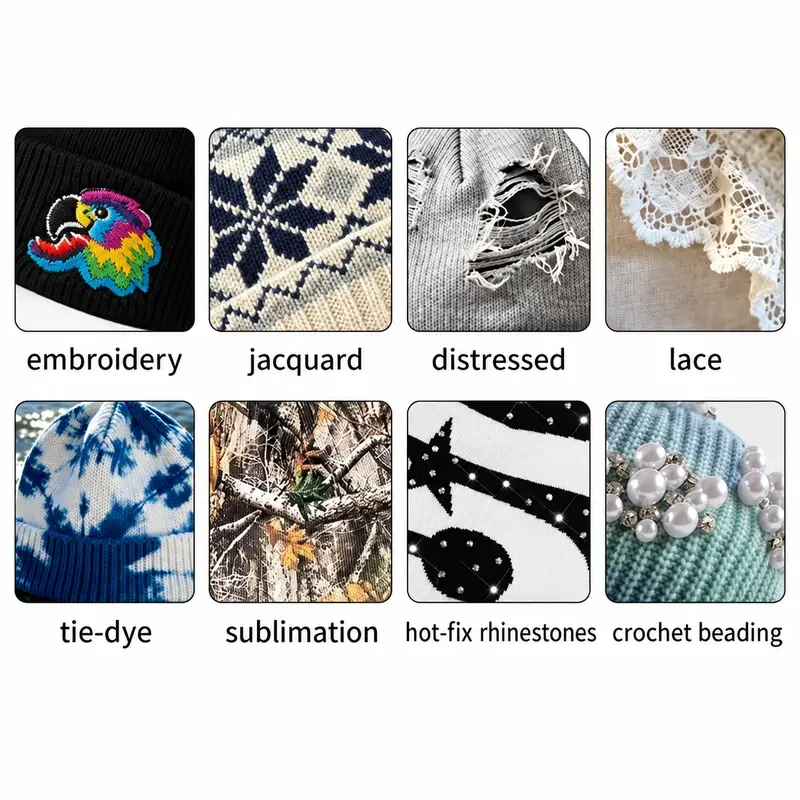 Examples of embroidery, jacquard, distressed, lace, tie-dye, sublimation, rhinestone and beaded knit decoration