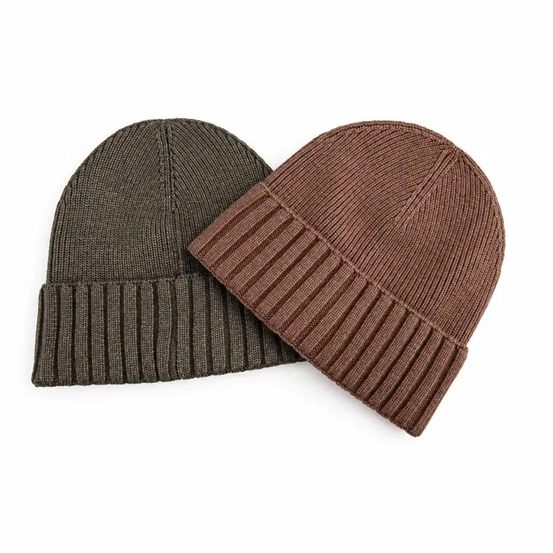 Two ribbed short cuffed beanies in brown and charcoal