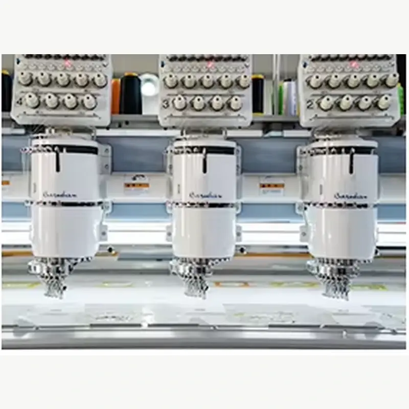 Embroidery machine heads in a textile workshop