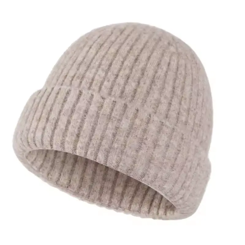 Taupe rib-knit beanie with a folded cuff