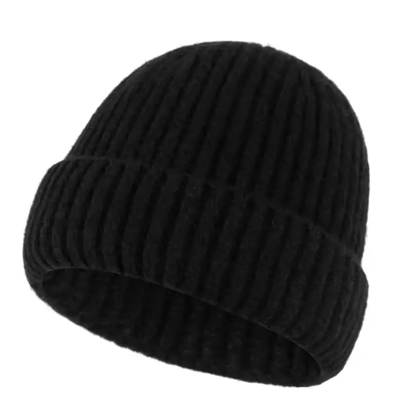 Black rib-knit beanie with a folded cuff