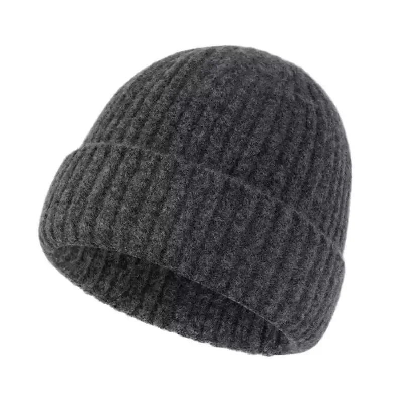 Charcoal rib-knit beanie with a folded cuff