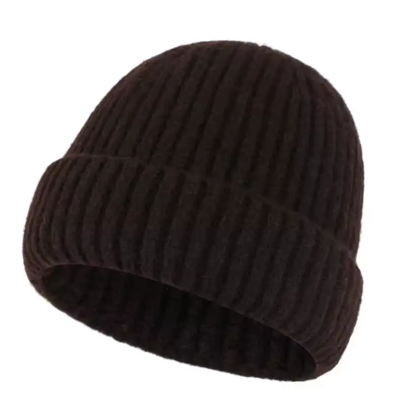 Dark brown rib-knit beanie with a folded cuff