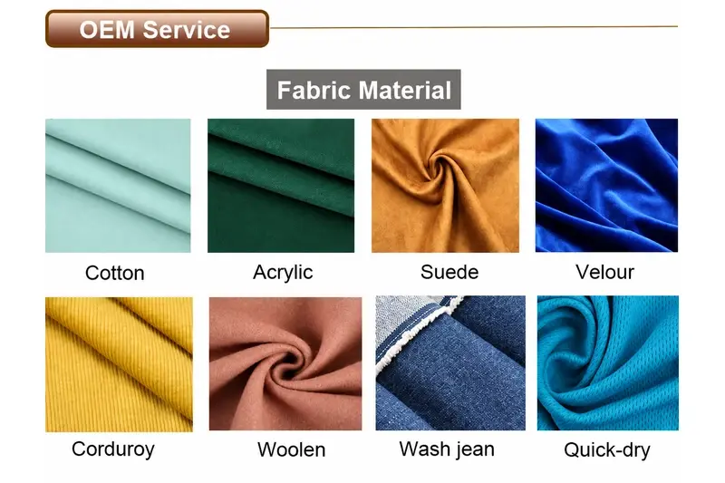 Fabric reference chart showing cotton, acrylic, corduroy, woolen, wash jean and quick-dry swatches