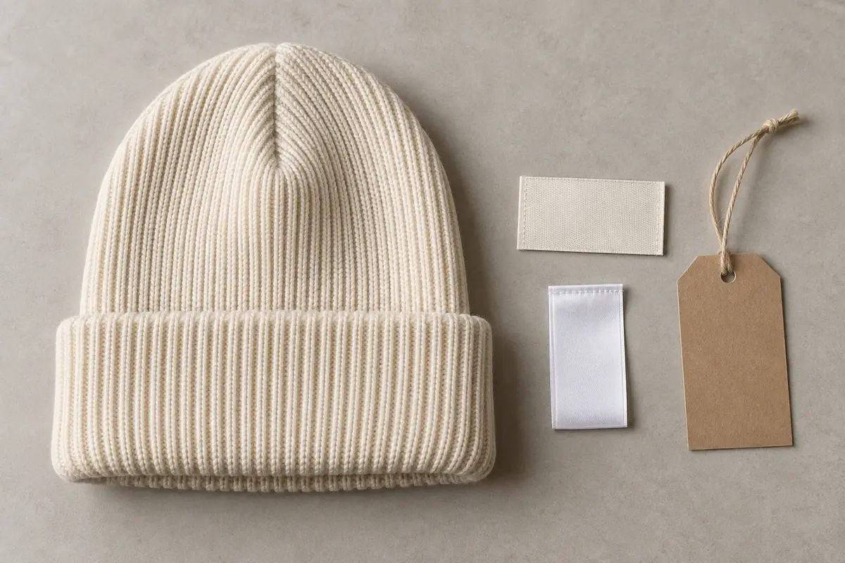 Cream cuffed beanie beside blank woven and care labels and a hang tag