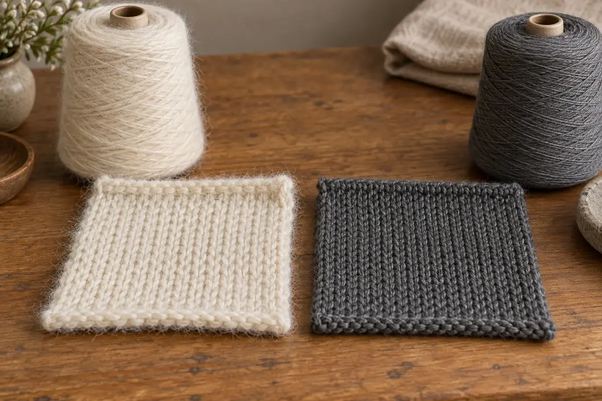Cream and charcoal yarn cones beside matching knitted swatches