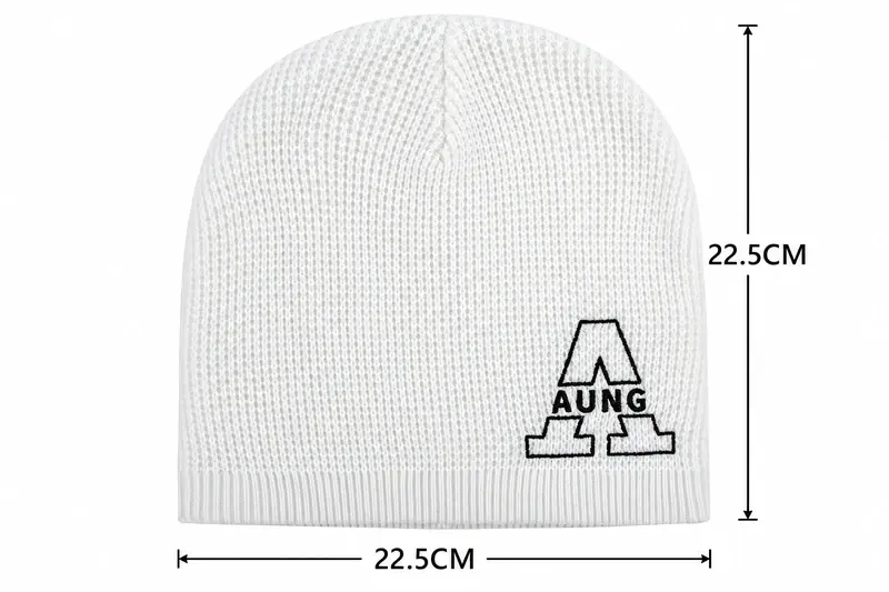 Adult and child knit beanie sizing diagram showing 22.5 cm width and height with cuff measurement markers