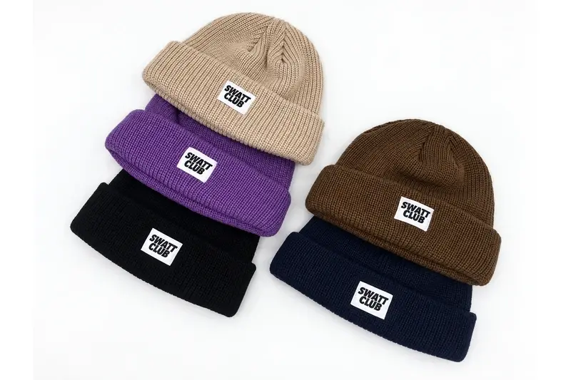Five cuffed knit beanies in beige, purple, black, brown and navy with small front labels
